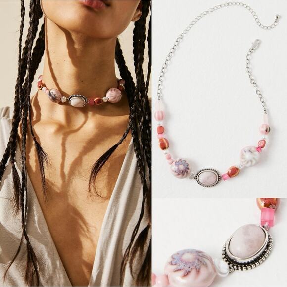 Free People Bohemian Chunky Agnes Choker Silver Pink Beach Boho NWT HTF Layering - Picture 2 of 14